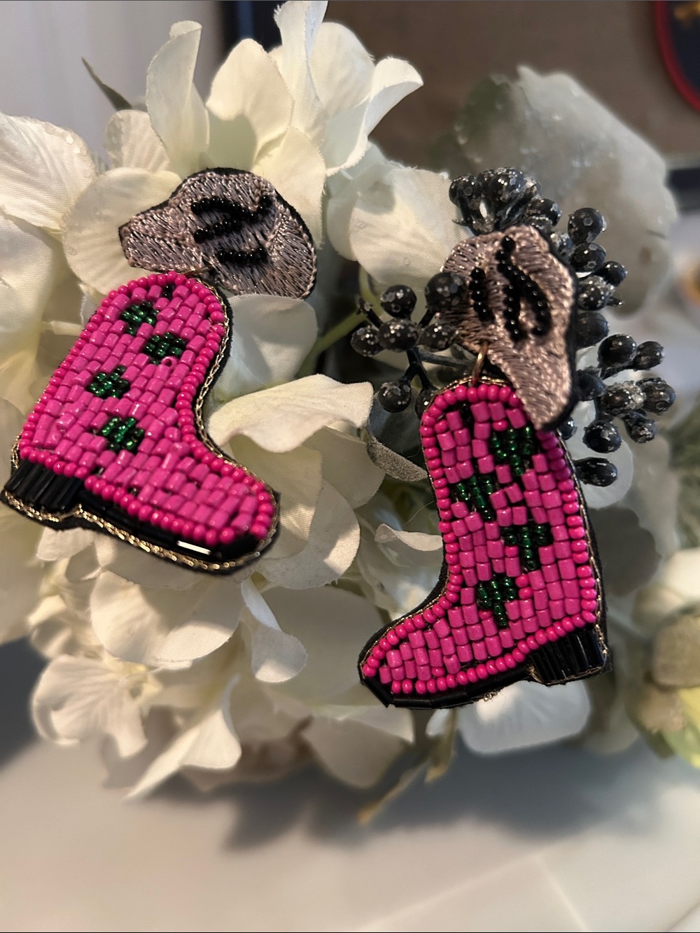 Kids Pink Beaded Cowboy Boot Earrings - Unbranded